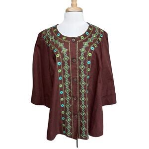 Russell Kemp Women XL Linen Button Down Embroidered 3/4 Sleeve Tunic Top Shirt